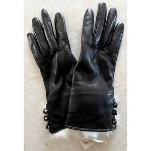 Fownes Black Leather & White Rabbit Fur Buttoned Mid-Length Gloves 7 NWT